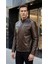 Kahve Erkek Deri Mont - Slim Fit Hakim Yaka Fermuarlı Biker Ceket 1
