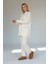 Şık Kurdele Taş Işlemeli Kadın Ikili Triko Takım Salaş Fit Uzun Kollu ve Rahat Pantolon - Ekru 1