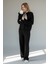 Fularlı Biskilet Yaka Geniş Paça Ikili Triko Set - Siyah 1