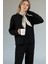 Fularlı Biskilet Yaka Geniş Paça Ikili Triko Set - Siyah 2