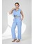 Kadın Bebe Mavisi Keten Ikili Takım – Düğmeli Crop Üst ve Lastikli Bol Paça Pantolon - Mavi 5