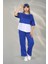 Kadın Spor-Şık Takım – Düğme Detaylı Üst & Yan Şeritli Pantolon - Mavi 1