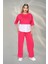 Kadın Spor-Şık Takım – Düğme Detaylı Üst & Yan Şeritli Pantolon - Fuşya 2