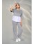 Kadın Spor-Şık Takım – Düğme Detaylı Üst & Yan Şeritli Pantolon - Gri 2