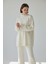 Şık Kurdele Taş Işlemeli Kadın Ikili Triko Takım Salaş Fit Uzun Kollu ve Rahat Pantolon - Ekru 6