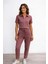 Kadın Rahat Kesim Fermuarlı Kısa Kollu Crop Lastikli Eşofman Takımı -Ikili Set - Gül Kurusu 1
