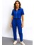 Kadın Rahat Kesim Fermuarlı Kısa Kollu Crop Lastikli Eşofman Takımı -Ikili Set - Sax Mavi 1