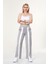 Kadın Geniş Paça Şeritli Yüksek Bel Bol Eşofman Altı - Gri 1