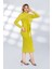 Kendinden Kuşaklı Düz Çizgili Tasarımlı Kısa Triko Rahat Elbise Şık ve Moderen - Sarı 2