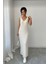 Kadın Beyaz Fitilli Triko Uzun Elbise – V Yaka Slim Fit Yazlık/kışlık Model 3