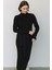 Kadın Fitilli Triko Kuşaklı Midi Elbise Yüksek Yaka, Uzun Kollu - Siyah 3