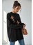 Çiçek Taş Işlemeli Uzun Kollu Triko Tunik Zarif ve Konforlu Günlük Kombinlere Uygun - Siyah 1