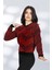 Kadın Yuvarlak Yaka Rahat Kalıp Şık Desenli Tüylü Triko Kazak - Bordo 2