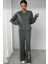 Kadın Gri Triko Eşofman Takımı – Taş Işlemeli Yazı Detaylı, Rahat Kalıp V Yaka 2