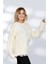 Kadın Ekru Renkli Patchwork Tasarımlı Dokulu Triko Kazak - Oversize ve Rahat Formlu - Ekru 4