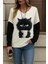 Cottonlab Kadın Uzun Kollu V Yakalı Kedi Baskılı Şardonlu Dalgıç Bluz 1