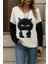Cottonlab Kadın Uzun Kollu V Yakalı Kedi Baskılı Şardonlu Dalgıç Bluz 3