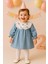 %100 Pamuk Işleme ve Dantel Yakalı Açık Mavi Kız Çocuk Elbisesi 2