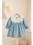 %100 Pamuk Işleme ve Dantel Yakalı Açık Mavi Kız Çocuk Elbisesi 5