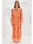 Turuncu Ekru Desenli Uzun Viskon Elbise 1947 1