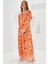 Turuncu Ekru Desenli Uzun Viskon Elbise 1947 2
