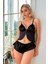 Kadın Siyah Önü Klips, Göğsü Dantel Detaylı Mini Şortlu Takım 4