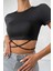Kadın Siyah Yarım Kol Çapraz Bağlamalı Crop Top Bluz 3