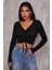 Kadın Siyah Uzun Kollu Büzdürme Bağcık Detaylı Crop Top Bluz 1