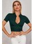Kadın Yeşil Yarım Fermuarlı ve Kısa Kollu Crop Top Bluz 3