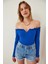 Büzgülü Yaka Crop Örme Bluz Gt LAH0002 Koyu Mavi 2