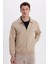 Unisex Relax Fit Rahat Kesim Pamuklu Içi Polarlı Fermuarlı Koyu Bej Polo Yaka Flato Cepli Sweatshirt Hırka 1