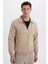 Unisex Relax Fit Rahat Kesim Pamuklu Içi Polarlı Fermuarlı Koyu Bej Polo Yaka Flato Cepli Sweatshirt Hırka 5