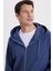 Unisex Relax Fit Rahat Kesim Pamuklu Içi Polarlı Çift Cepli Tam Fermuarlı Indigo Kapüşonlu Sweatshirt 2