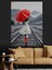 Kırmızı Şemsiyeli Kadın Yağmur Dekoratif Kanvas - Mdf Ahşap Tablo 1