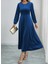 Yaman Market Kadın Uzun Kollu Bisiklet Yaka Midi Kadife Mavi Elbise 1