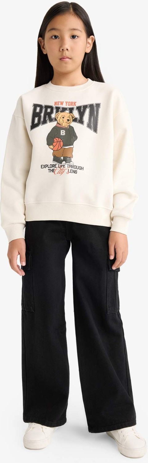 DeFacto Relax Fit Bisiklet Yaka Baskılı İçi Yumuşak Tüylü Sweatshirt Kız Çocuk E6780A825WN görsel 2