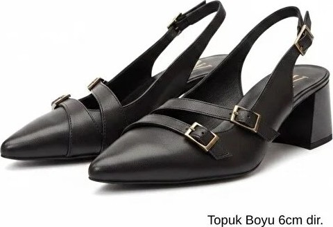 Ne&Ve Shoes Siyah Deri Üç Tokalı Kadın Sivri Burun Kalın Topuklu Ayakkabı görsel 5