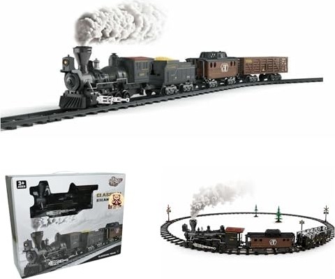 Aesco Işıklı Sesli Buharlı Tren Seti 30 Parça, Gerçek Buhar Efektli, Klasik Lokomotif Oyuncak Tren (135 cm Ray)