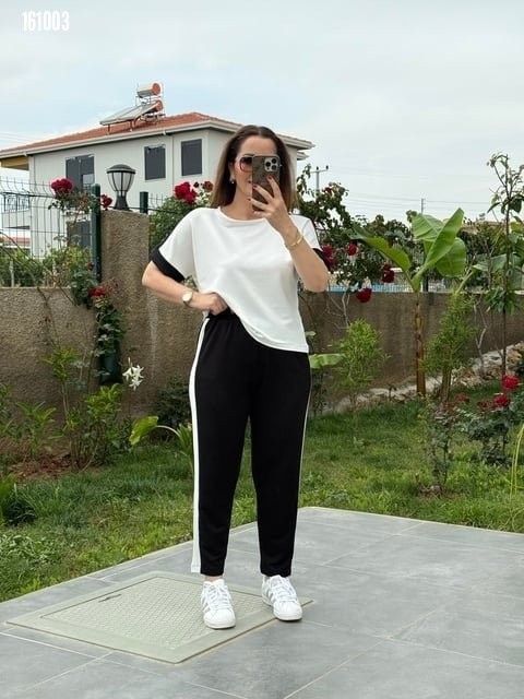 Gökyüzü Moda Kadın Kısa Kollu Modal Dokulu Kumaş Yanı Şeritli Takım görsel 6
