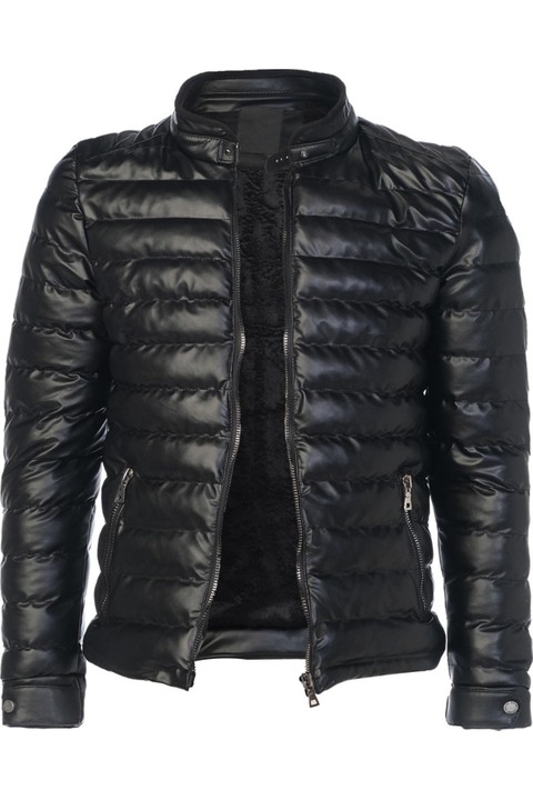 Sivaist Erkek Siyah Slim Fit Içi Kalın Kürklü Su Itici Şişme Deri Ceket & Mont