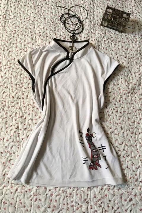Moonstyle Collection Ekru Mandarin Yaka Vintage Geisha Baskılı Y2K Kısa Kollu Crop