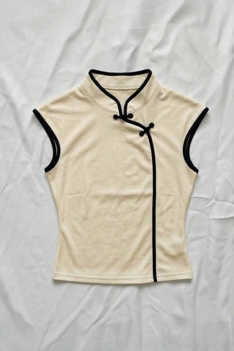 Moonstyle Collection Ekru Mandarin Yaka Siyah Şeritli Qipao Y2K Kısa Kollu Crop