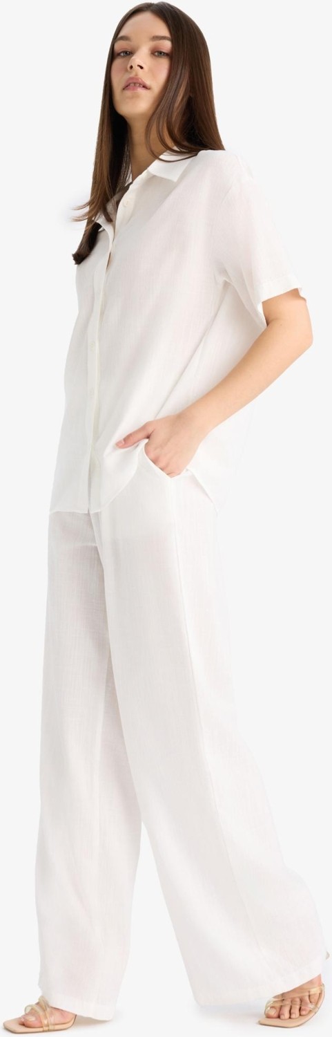 DeFacto Wide Leg Üç Cepli Yüksek Bel Keten Görünümlü Standart Boy Beyaz Pantolon A9129AX25SM görsel 3