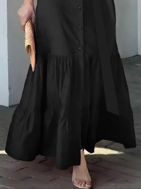TeknoKapsül Kadın Uzun Kollu Eteği Fırfırlı Beli Kuşaklı Trikoton Tam Boy Gömlek Elbise - Siyah / 2xl-3xl görsel 2