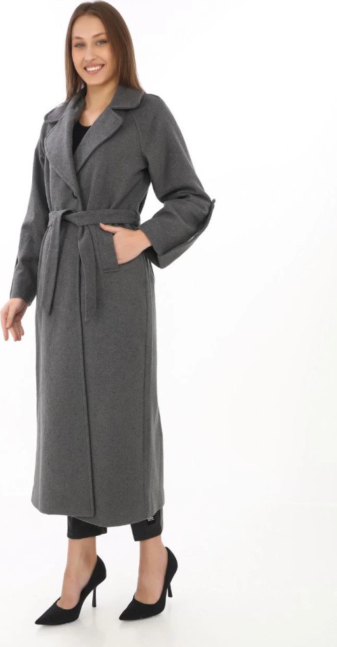 Gökyüzü Moda Uzun Kaşe Kaban, Yünlü Dokuma Kaşmir Kumaş, Kruvaze Yaka, Kuşaklı Astarlı Tesettür Uyumlu Şık Kışlık Siyah Model - Füme