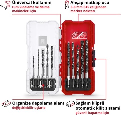Aesco Orijinal Einhell S-Case Ahşap Delme Uç Seti, 10 Parça (C45 Çelik, 3 Noktalı Merkez Uç, E 6.3 Sap, Saklama Kutusu Dahil) - 49108733 görsel 3