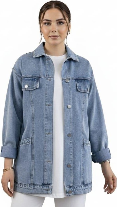 Harma Time Butik Kadın Cep Detaylı Denim Mavi Kot Ceket