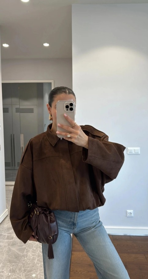 Rowsmen Oversıze Kadın Süet Ceket Trend Bomber Süet Ceket