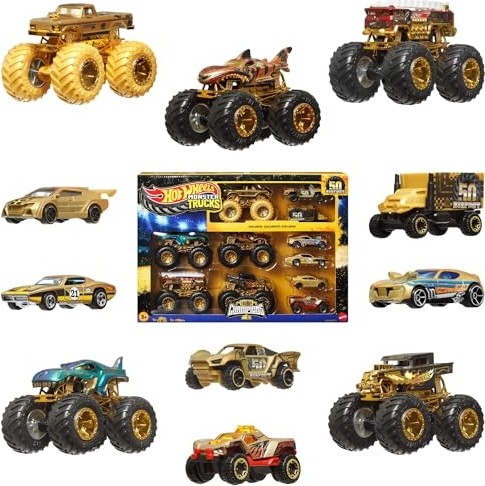 Aesco Hot Wheels® Monster Trucks Bigfoot Trophy Şampiyonları Araba ve Kamyon Çoklu Arabalar, Metal Bigfoot, 5-Alarm, Bone Shaker, Mega-Wrex, Tiger Shark ve 6 Araba, JDW07 görsel 2