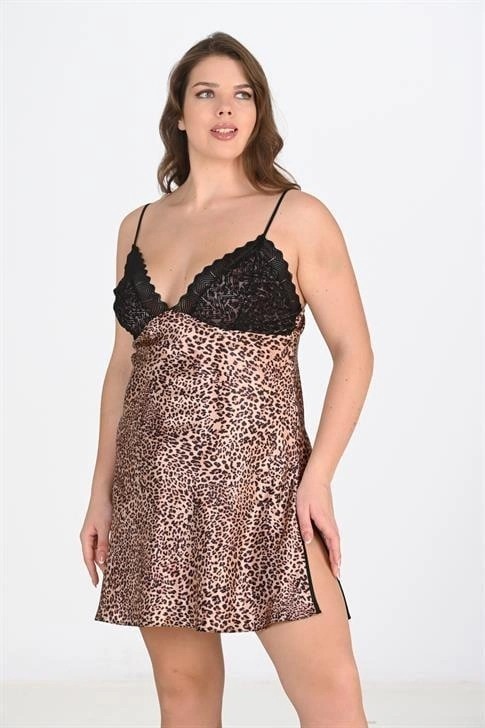 Çamaşır Kenti Premium Büyük Beden Saten Dantel Işlemeli Leopar 2'li Gecelik Sabahlık Takımı Bigsize görsel 2